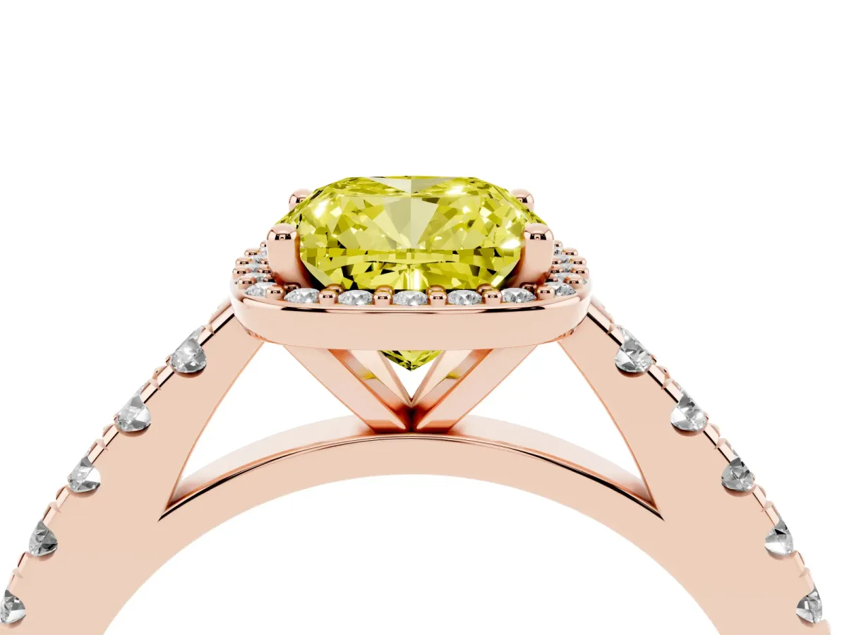 Fancy Yellow Cushion Cut Cut Halo Diamond Engagement Ring with Pave Band and Four-Prong Setting Rose gold
