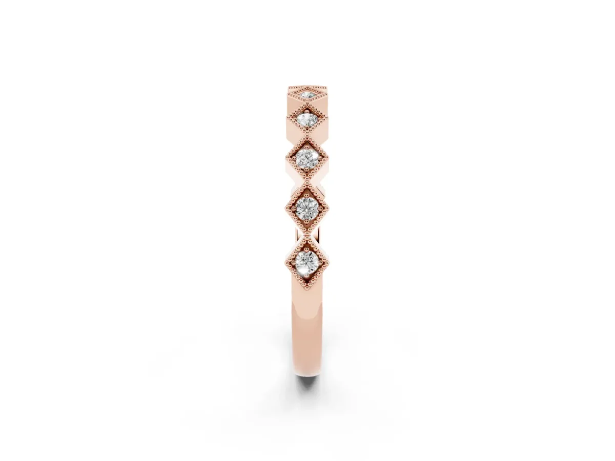 Milgrain Diamond Geometric Stackable Band with Round Cut Stones and Bezel Setting Rose gold