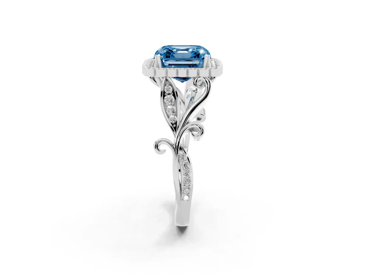 Fancy Blue Asscher Cut Diamond Halo Ring with Vintage Split Shank and Four-Prong Setting Silver