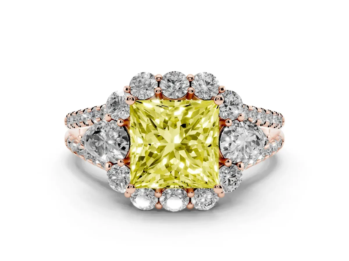 Fancy Yellow Princess Cut Halo Split Shank Diamond Engagement Ring with Prong Setting Rose gold