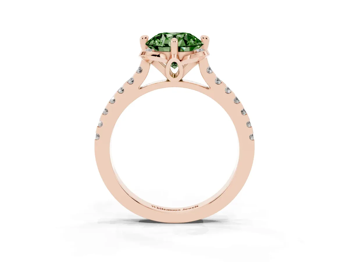 Fancy Green Round Cut Diamond Ring with Pavé Band and Floral Prong Setting Rose gold