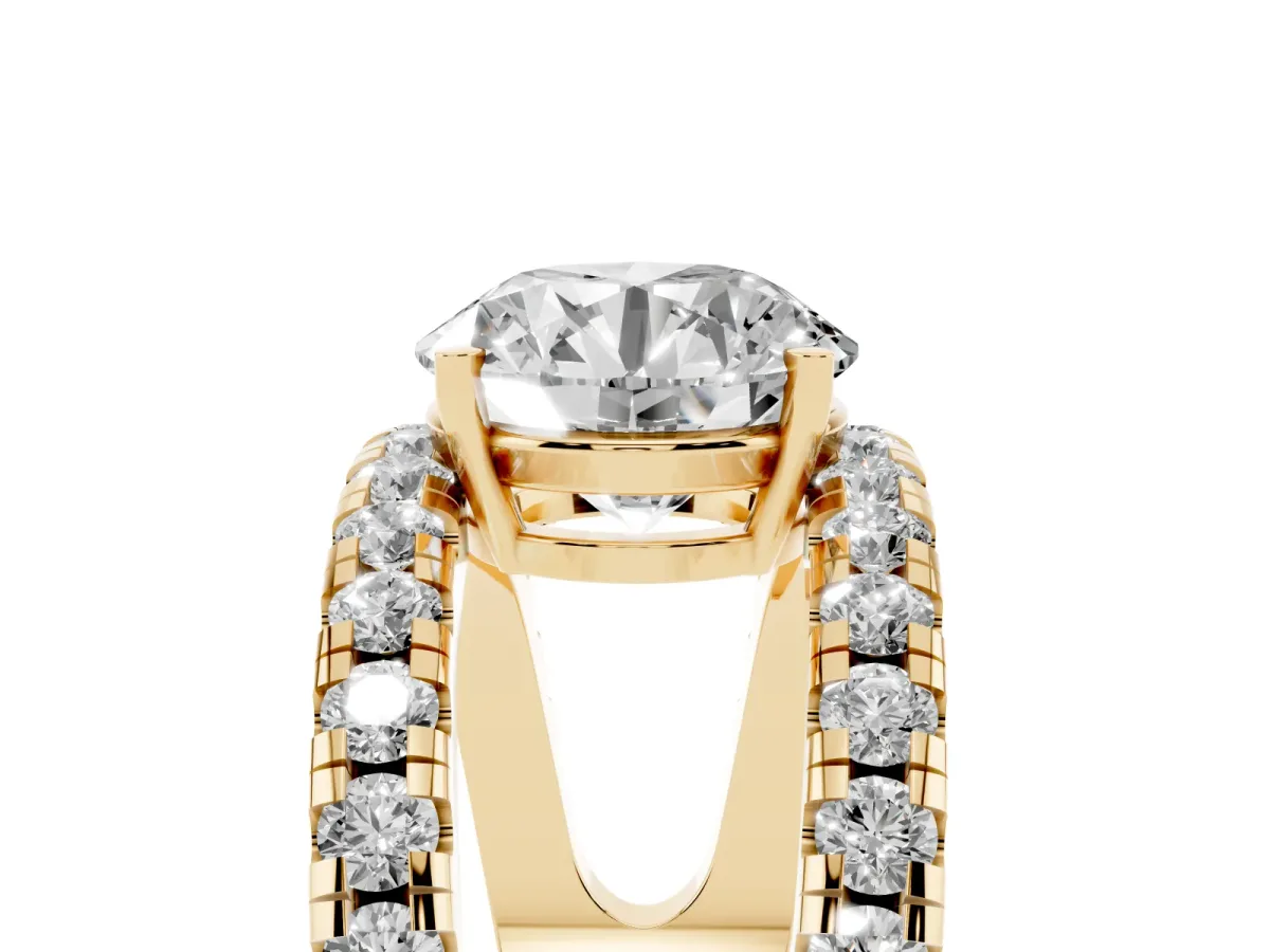 Round Cut Solitaire Split Shank Pave Diamond Ring Yellow gold
