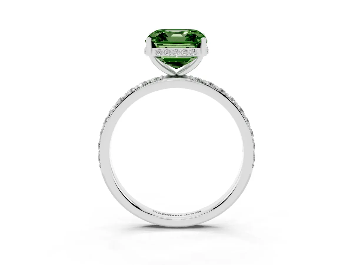 Fancy Green Asscher Cut Diamond Solitaire Ring with Pavé Band and Hidden Halo White gold