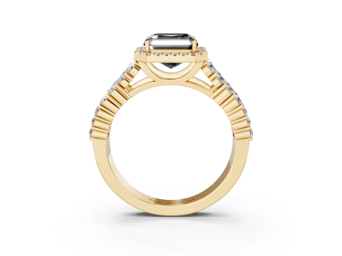 Fancy Black Asscher Cut Diamond Halo Engagement Ring with Triple Row Round Pavé Band and Prong Setting Yellow gold