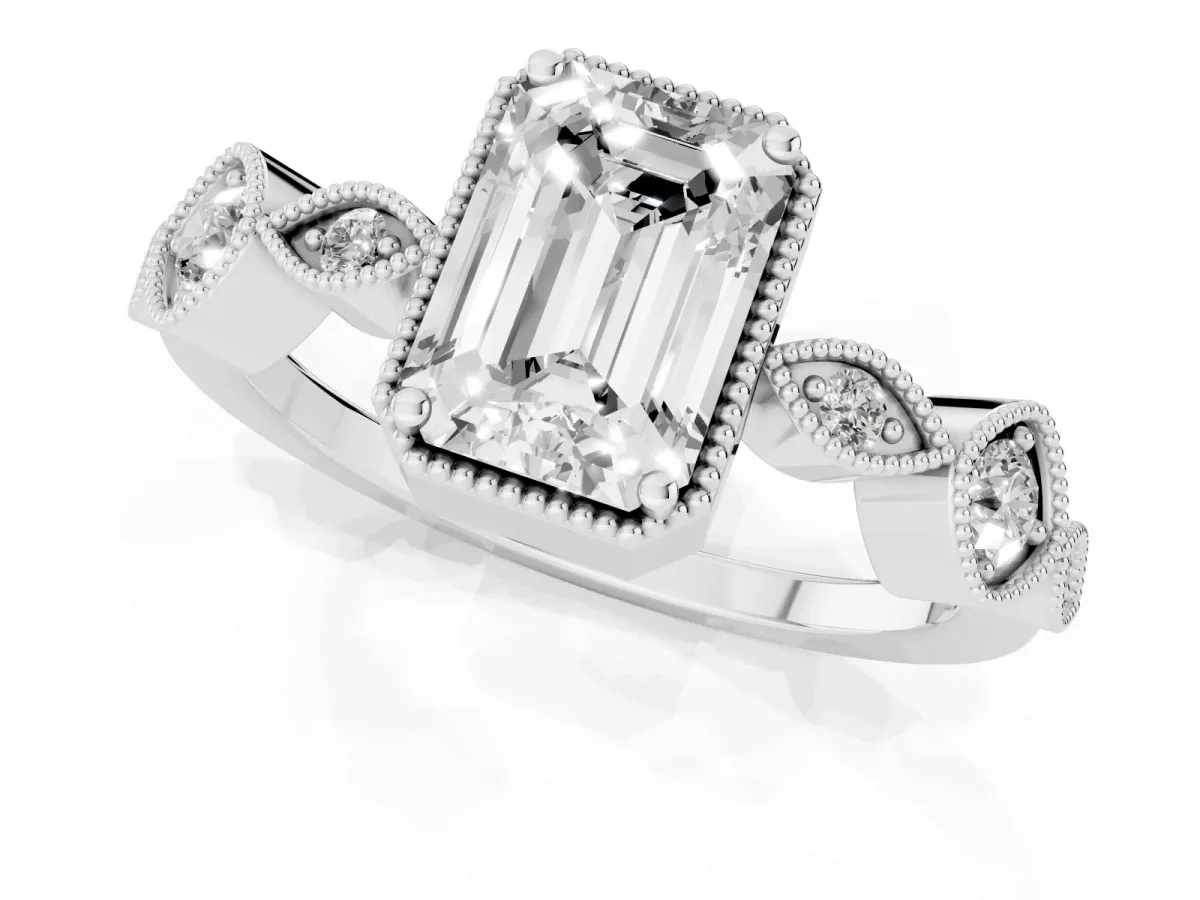 Emerald Cut Diamond Vintage Milgrain Ring with Round Stations Silver