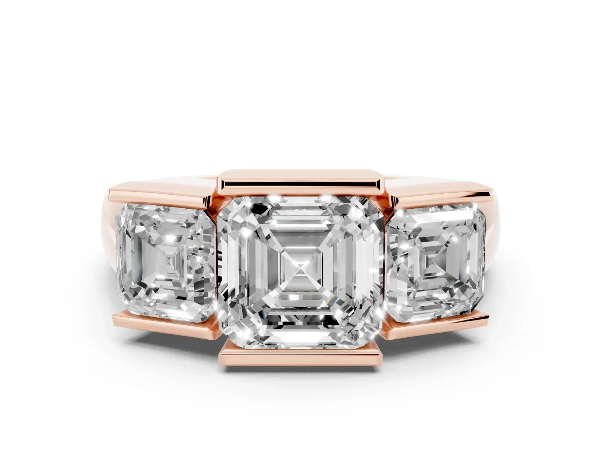 Three Stone Asscher Cut Cut Channel Set Diamond Ring Rose gold