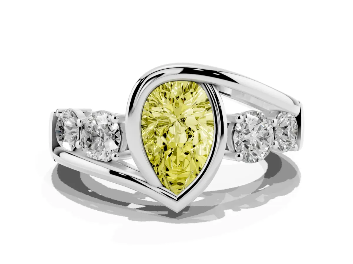 Fancy Yellow Bezel Set Pear Cut Diamond Bypass Ring with Round Accents Silver