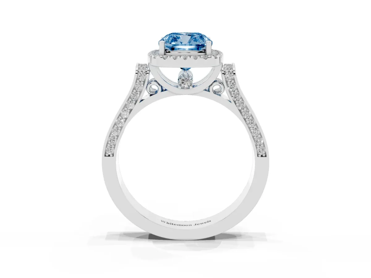 Fancy Blue Cushion Cut Halo Pave Split Shank Prong Setting Ring Silver