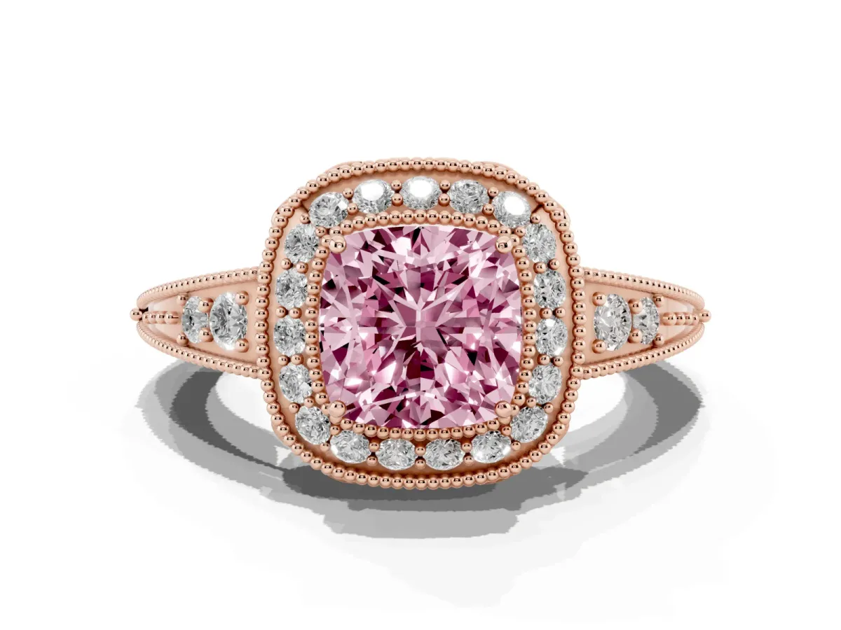Fancy Pink Cushion Cut Halo Diamond Split Shank Ring with Milgrain Detail Rose gold
