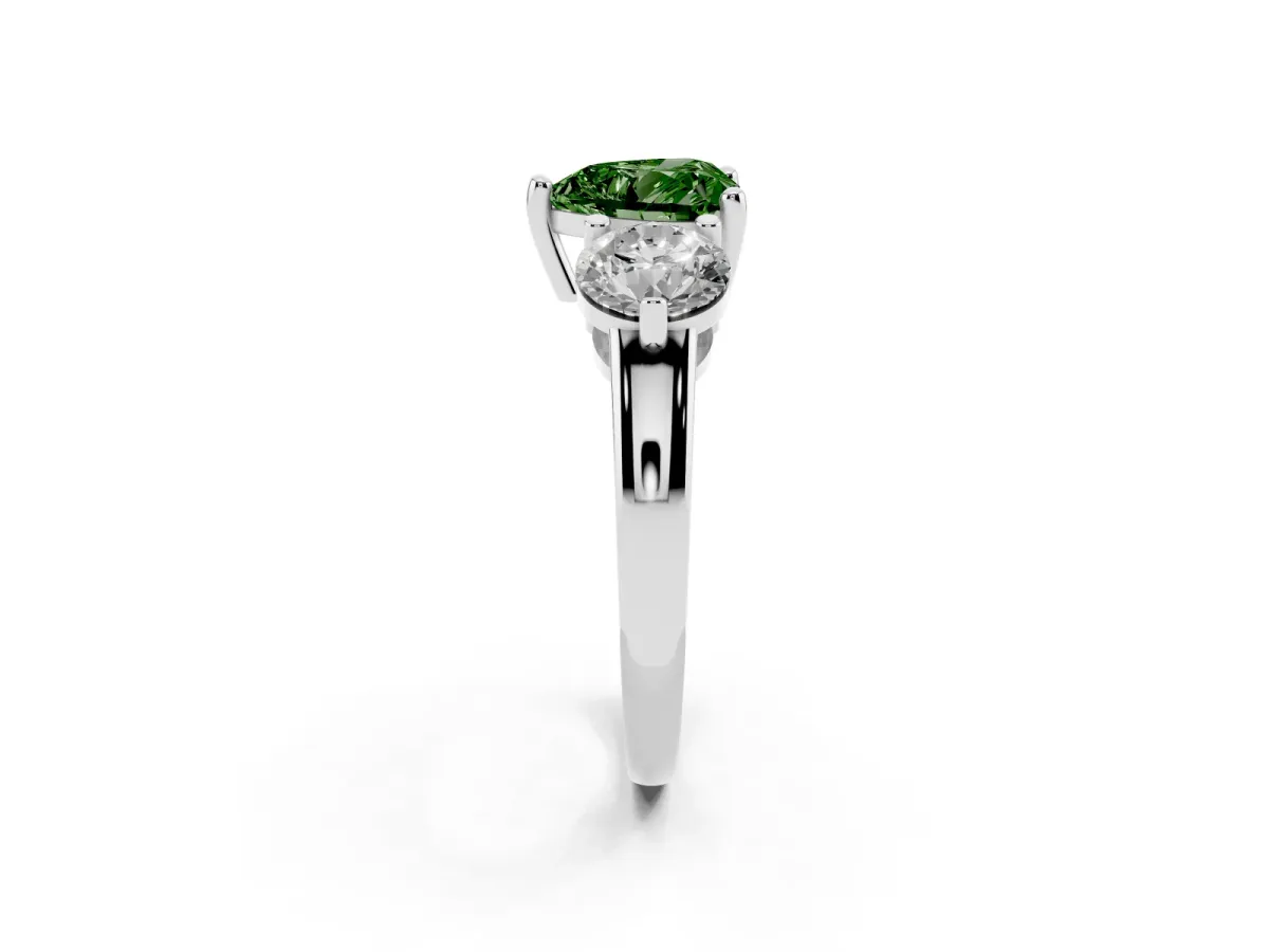 Fancy Green Three-Stone Heart Cut Brilliant Cut Solitaire Ring with Prong Setting on a Classic Band White gold