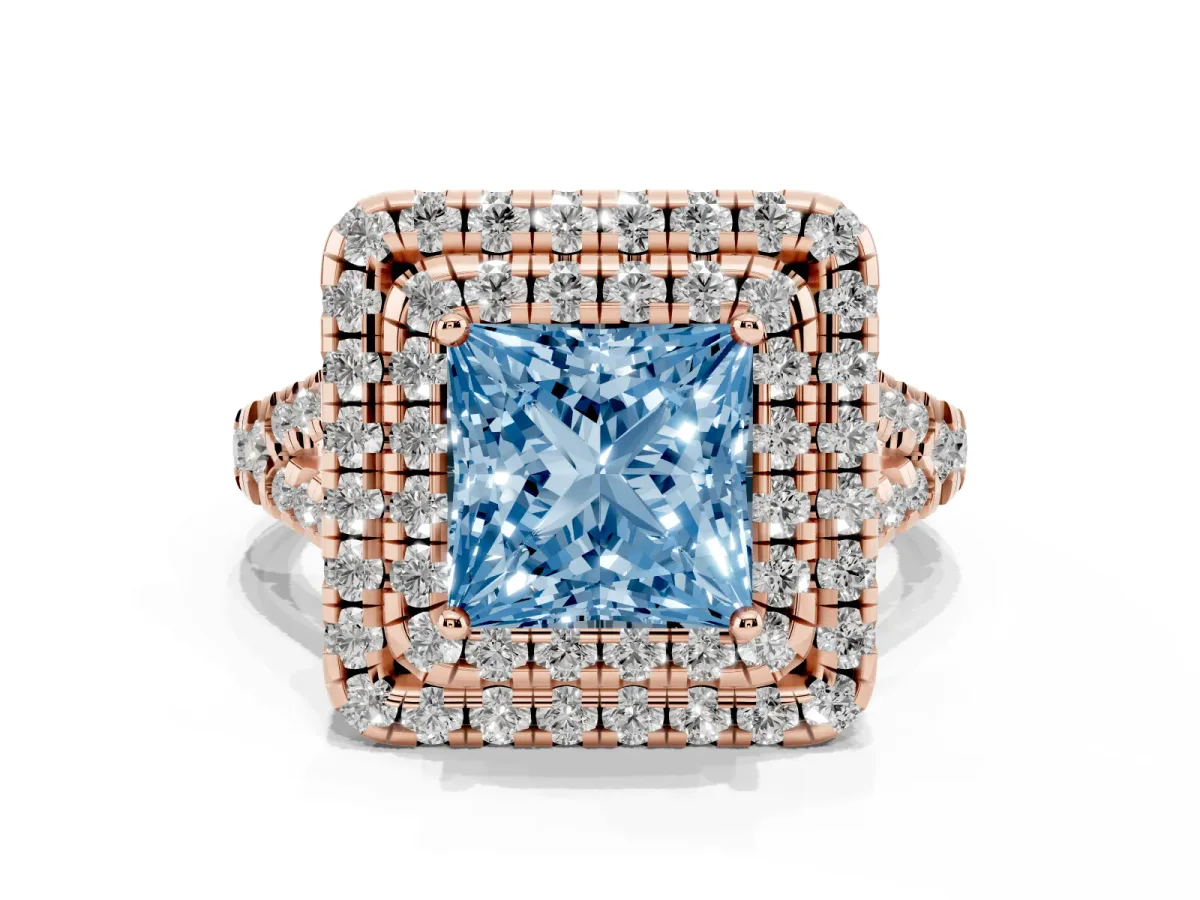 Fancy Blue Double Halo Princess Cut Diamond Pavé Split Shank Ring with Prong Setting Rose gold
