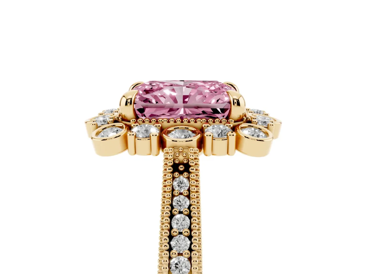Fancy Pink Radiant Cut Halo Milgrain Pave Diamond Ring with Four-Prong Setting Yellow gold