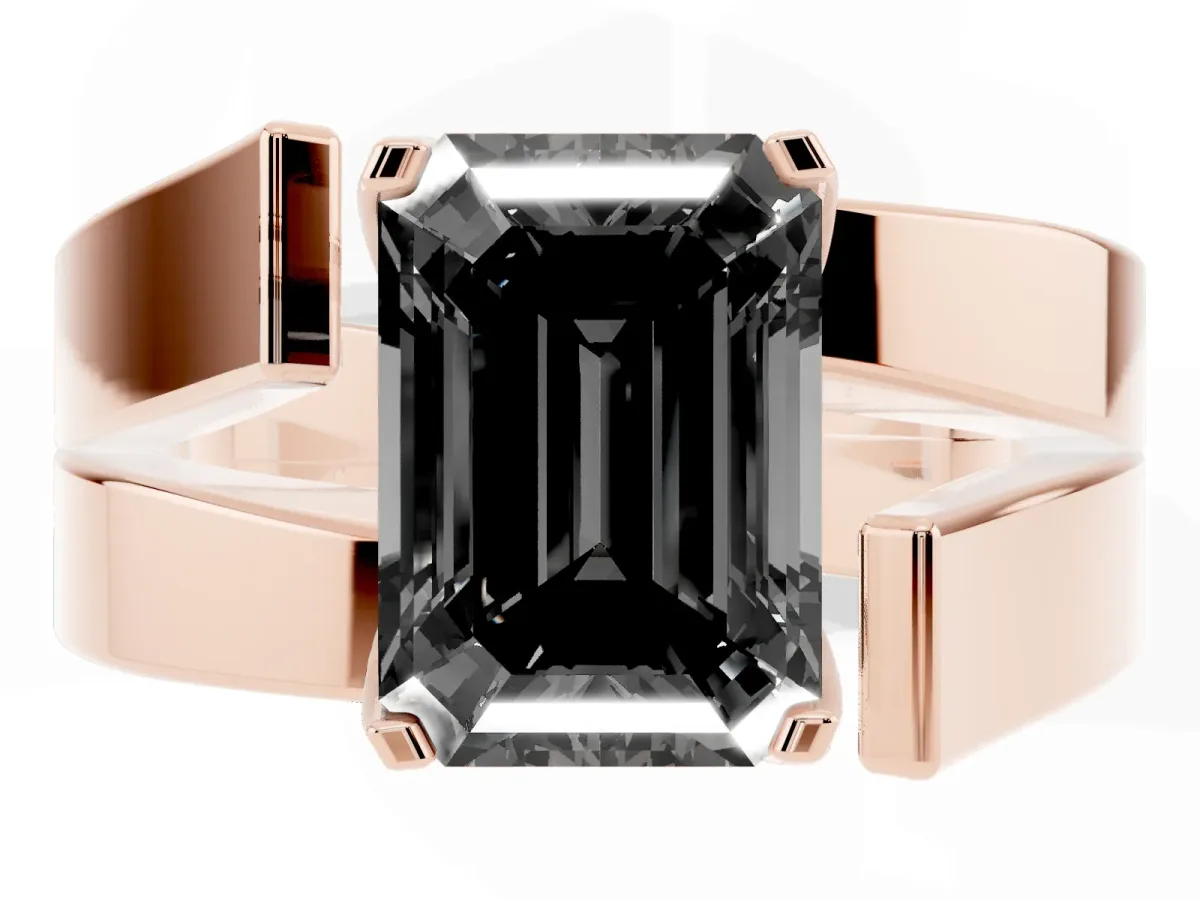 Fancy Black Modern Tension Set Emerald Cut Diamond Solitaire Wide Band Ring Rose gold