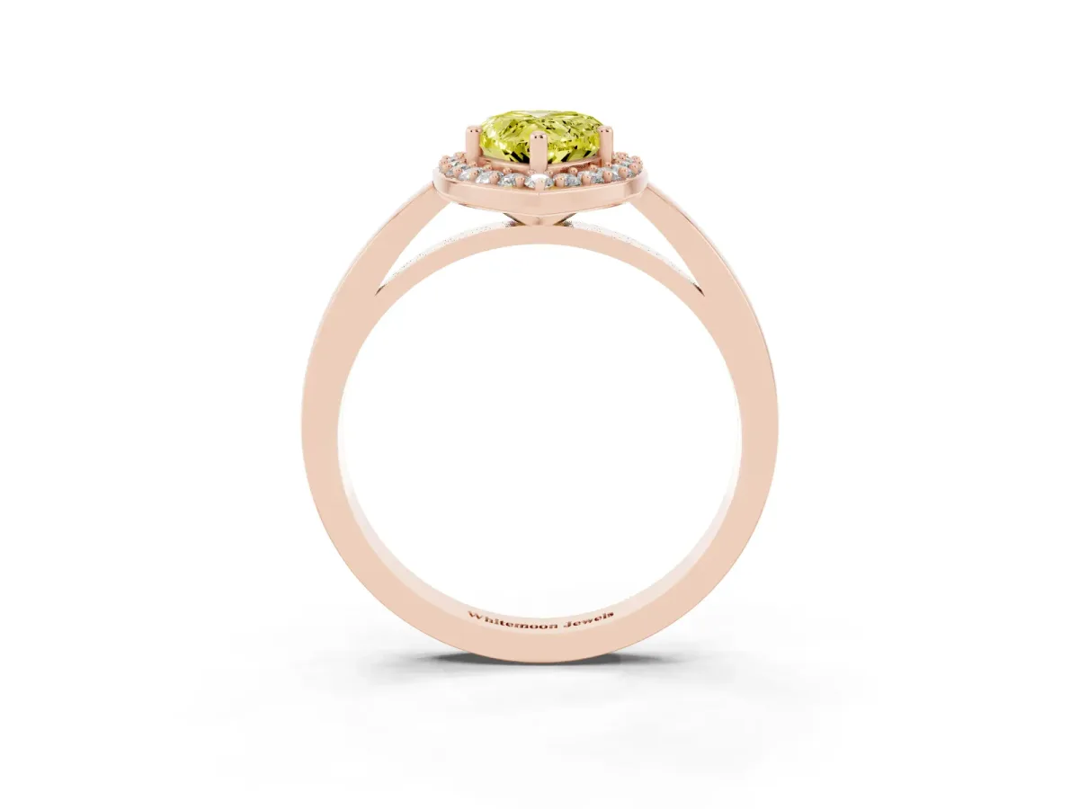 Fancy Yellow Pear Cut Halo Diamond Ring with Solitaire Band and Prong Setting Rose gold