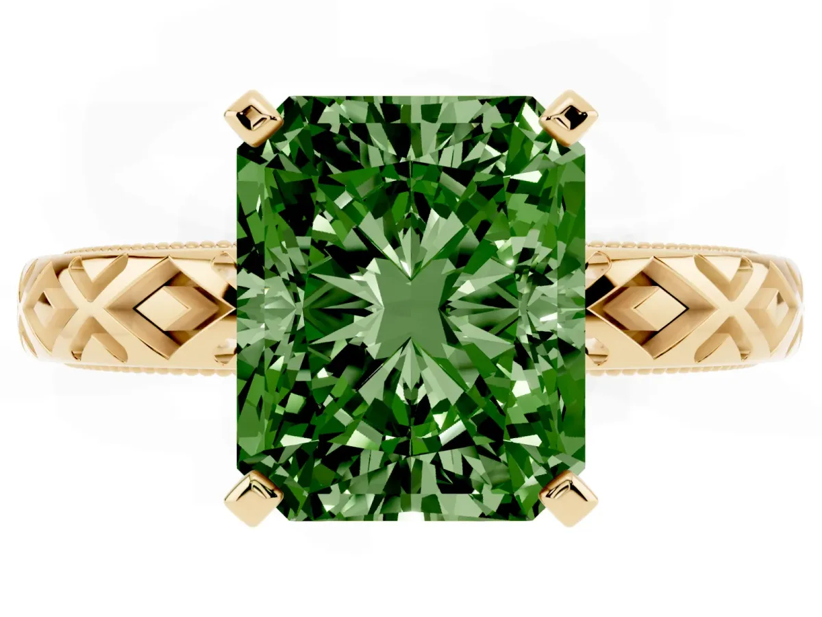 Fancy Green Radiant Cut Solitaire Diamond Ring with Milgrain and Black Enamel X Pattern Band Yellow gold
