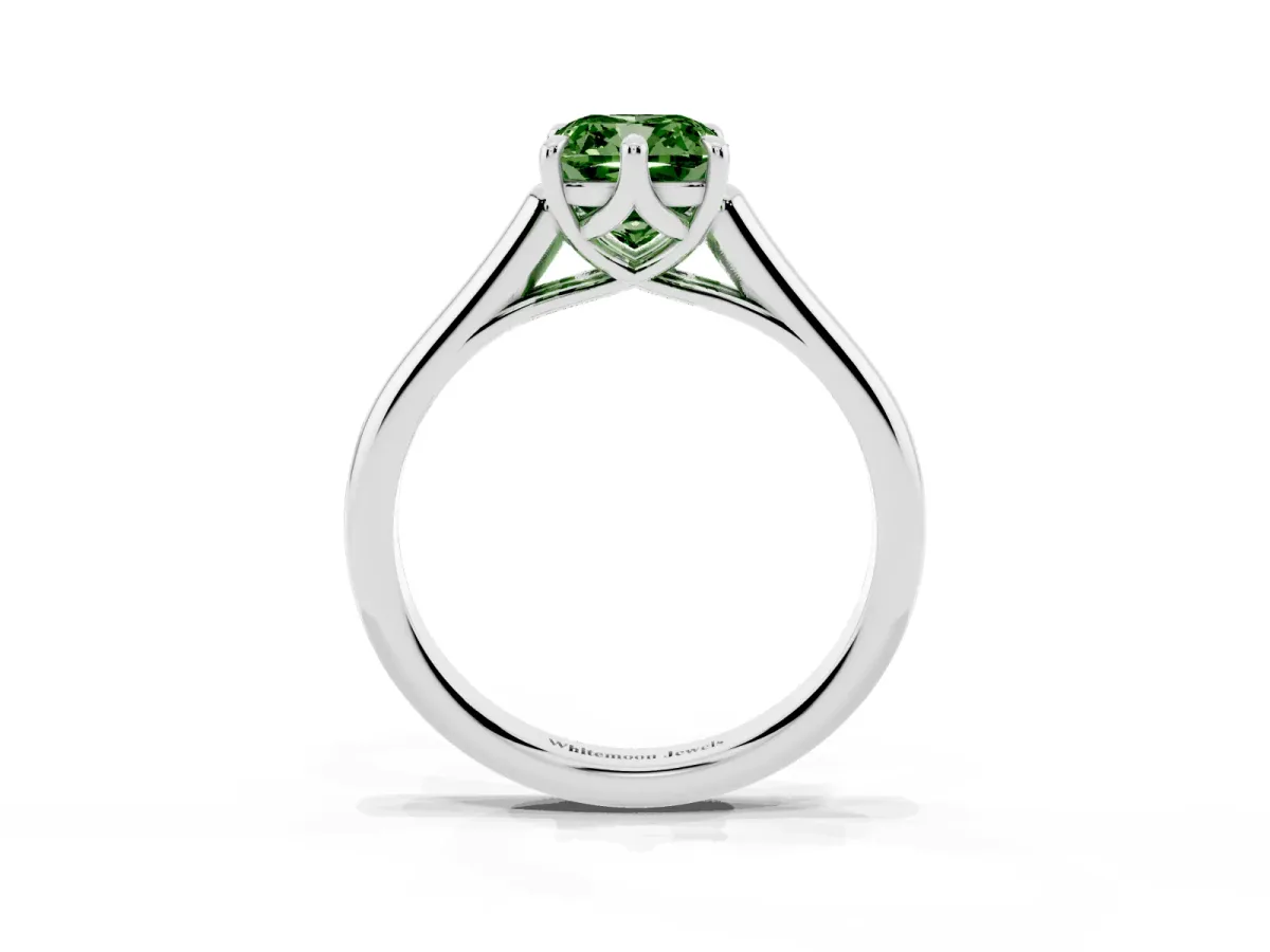 Fancy Green Cushion Cut Solitaire Engagement Ring with Six-Prong Setting and Classic Band Platinum