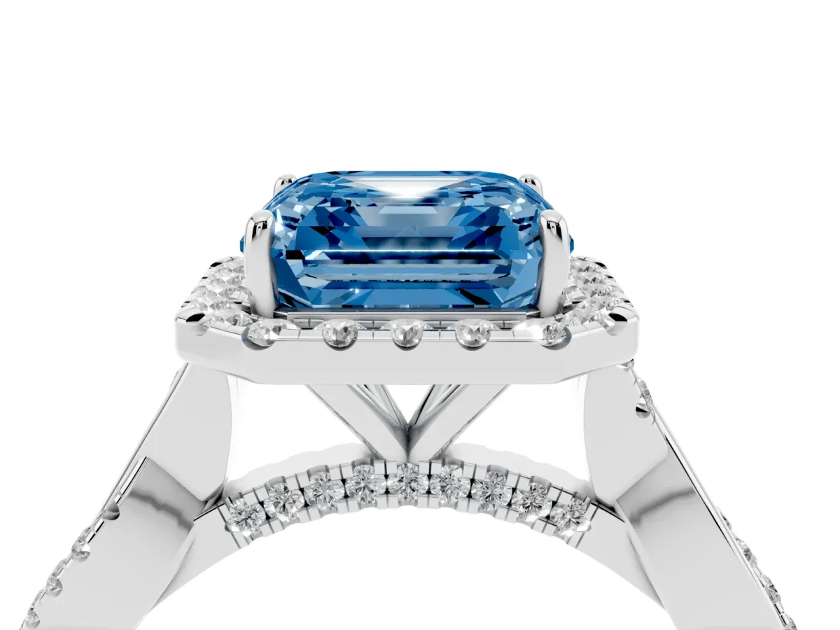 Fancy Blue Asscher Cut Halo Twist Band Solitaire Ring Silver