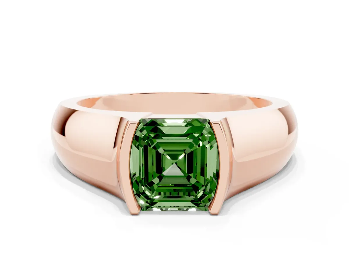 Fancy Green Asscher Cut Solitaire Bezel Set Diamond Ring with Wide Band Rose gold