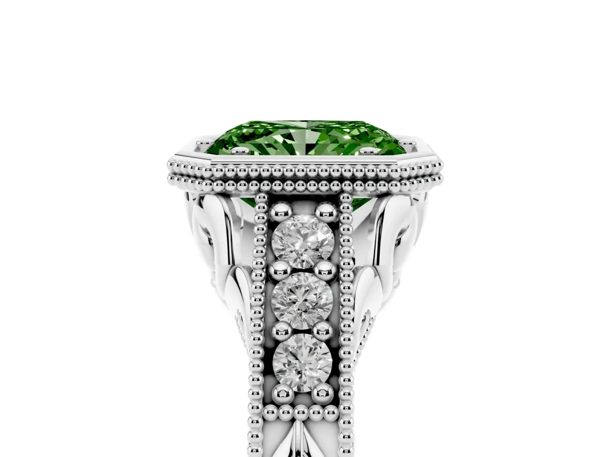 Fancy Green Bezel Set Radiant Cut Diamond Milgrain Pave Engagement Ring Silver