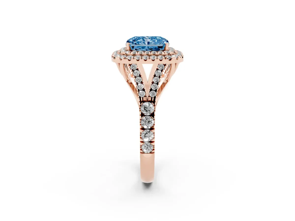 Fancy Blue Radiant Cut Cut Double Halo Split Shank Diamond Ring with Prong Setting Rose gold