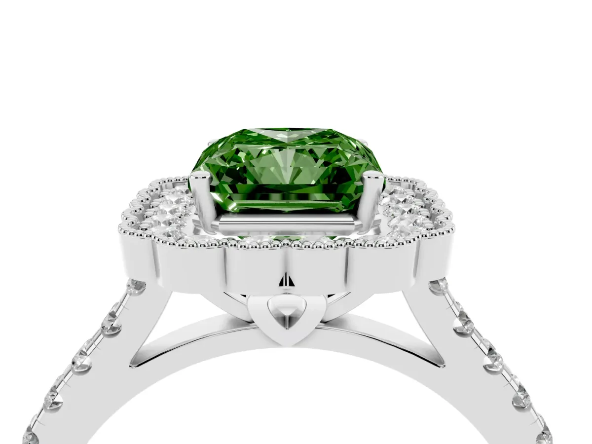 Fancy Green Radiant Cut Cut Diamond Milgrain Floral Halo Engagement Ring with Pavé Band Silver