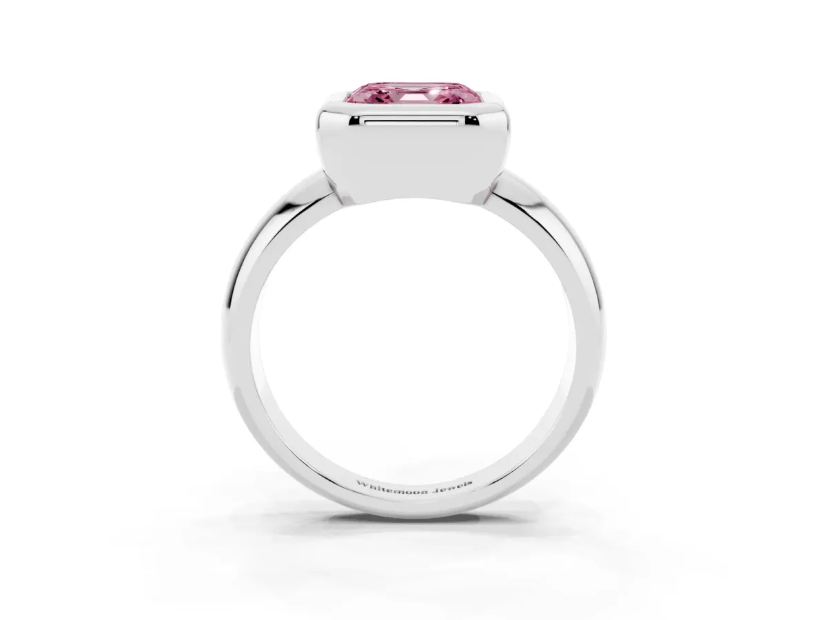 Fancy Pink Bezel Set Asscher Cut Solitaire Ring with Wide Band Silver