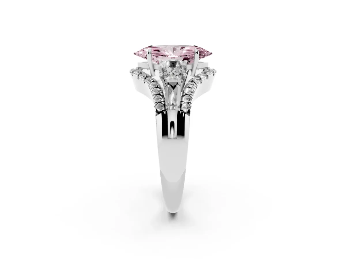 Fancy Pink Three-Stone Marquise Cut Diamond Engagement Ring with Pave Band and Prong Setting Silver