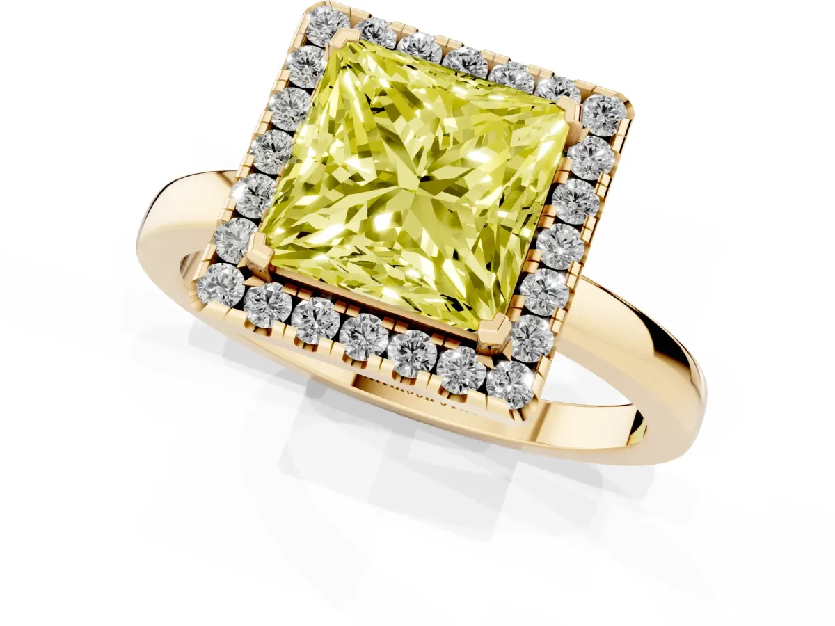 Fancy Yellow Princess Cut Halo Diamond Solitaire with Pavé Band and Four-Prong Setting Yellow gold