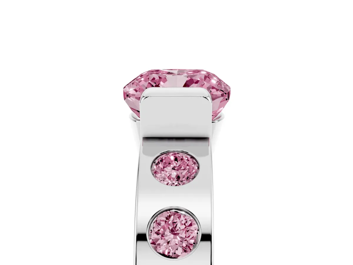 Fancy Pink Cushion Cut Brilliant Channel-Set Diamond Ring with Bezel Prong Setting Silver
