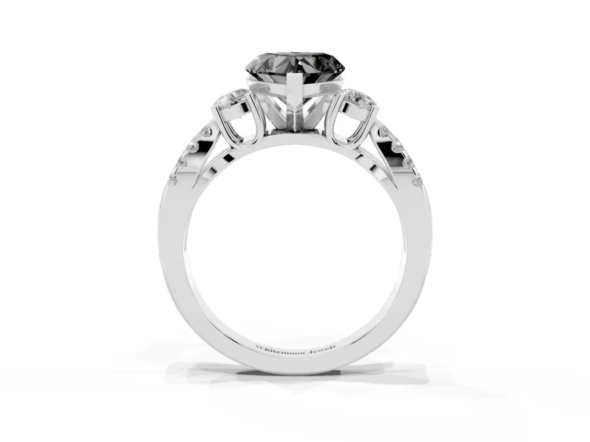 Fancy Black Heart Cut Diamond Three-Stone Ring with Pavé Split Shank and Four-Prong Setting Silver