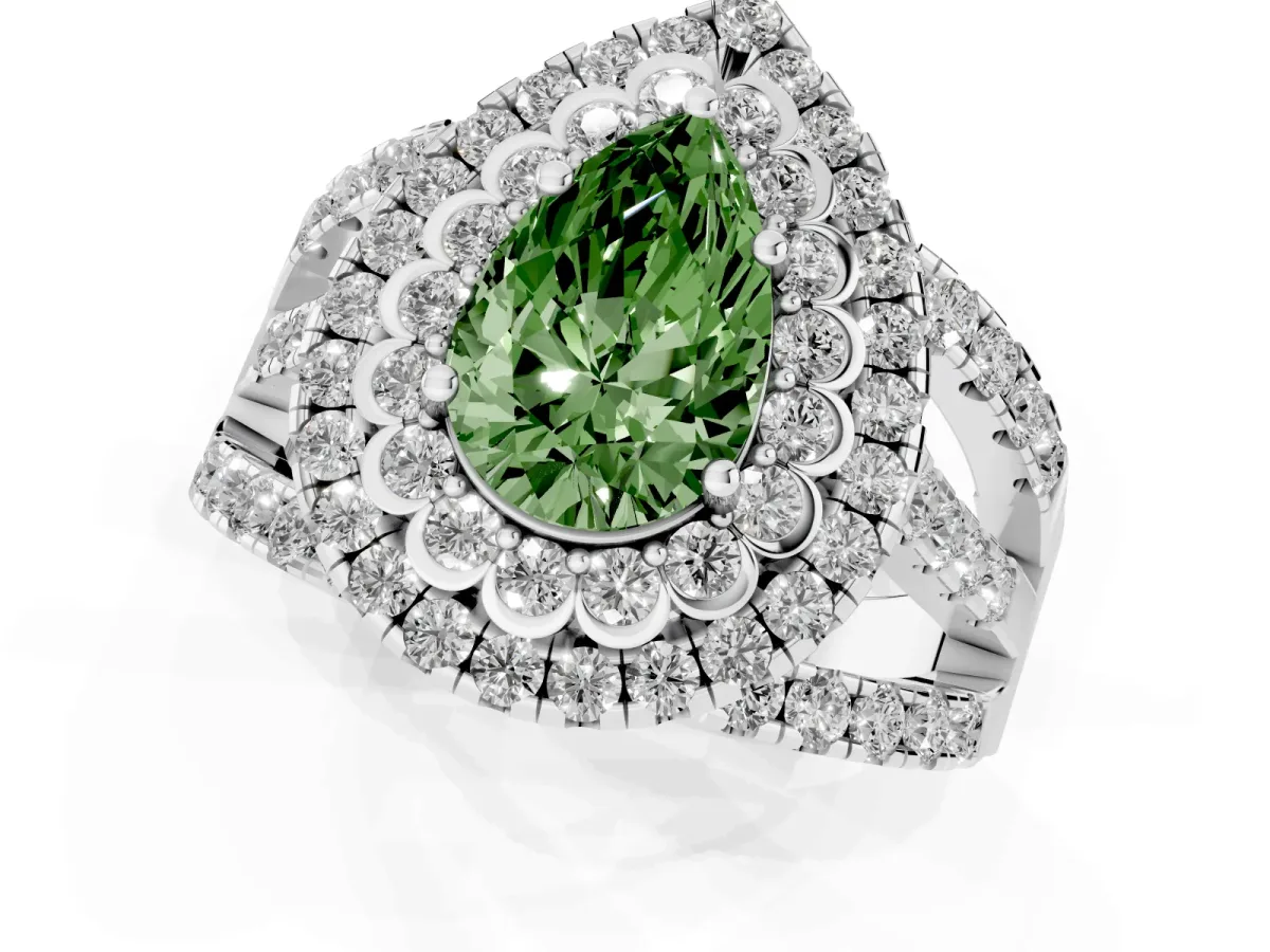 Fancy Green Pear Cut Diamond Double Halo Ring with Round Pavé Split Shank and Prong Setting Silver