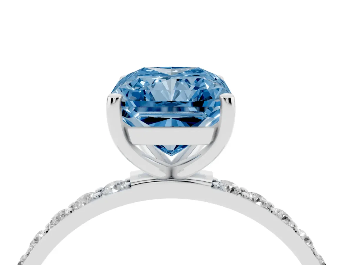 Fancy Blue Radiant Cut Diamond Solitaire Ring with Round Pavé Shoulders and Prong Setting Silver