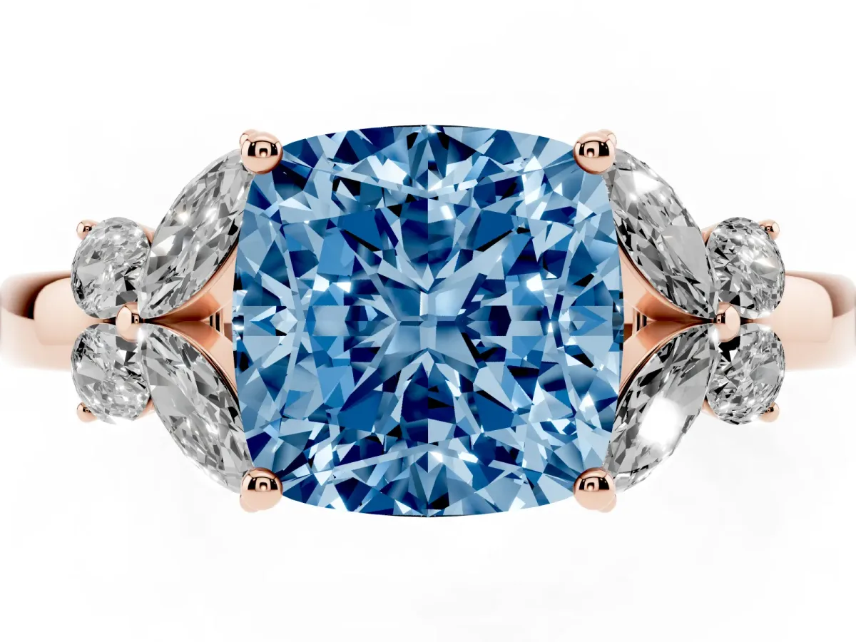 Fancy Blue Cushion Cut Cut Solitaire Floral Diamond Ring with Four-Prong Setting Rose gold