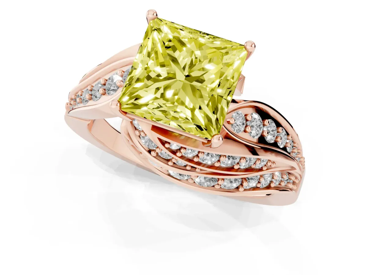 Fancy Yellow Princess Cut Diamond Solitaire Ring with Prong Setting and Twisted Pavé Band Rose gold