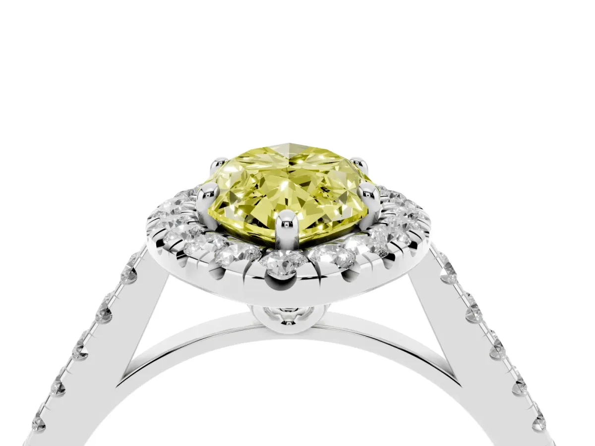 Fancy Yellow Marquise Cut Halo Pavé Diamond Engagement Ring with Four-Prong Setting Silver