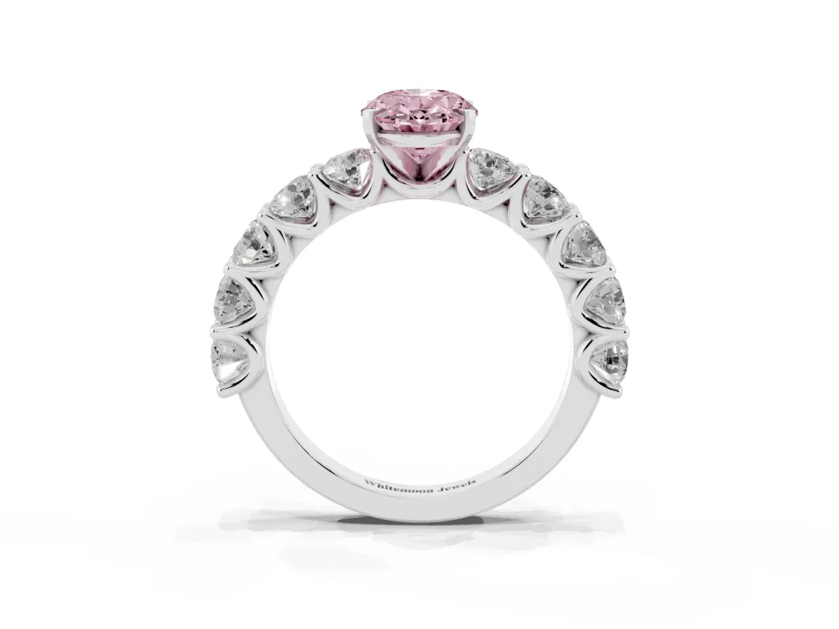 Fancy Pink Oval Cut Diamond Prong Setting with Side Stones on a Pave Band Silver