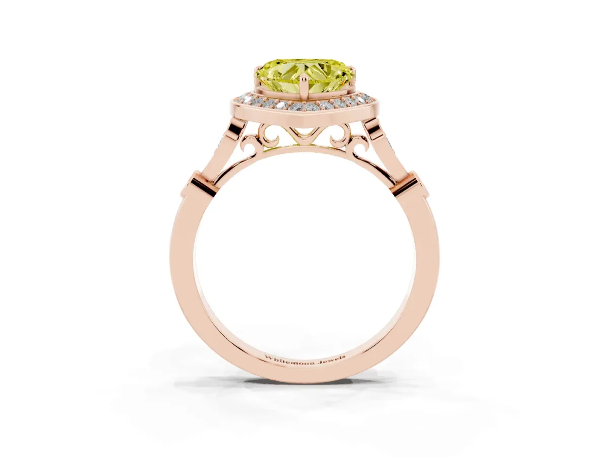 Fancy Yellow Heart Cut Halo Diamond Engagement Ring with Twisted Band and Four-Prong Setting Rose gold