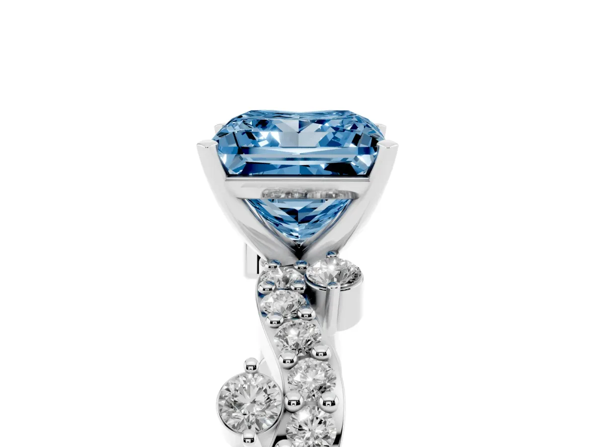 Fancy Blue Princess Cut Cut Solitaire Diamond Twisted Band with Pave Setting Silver