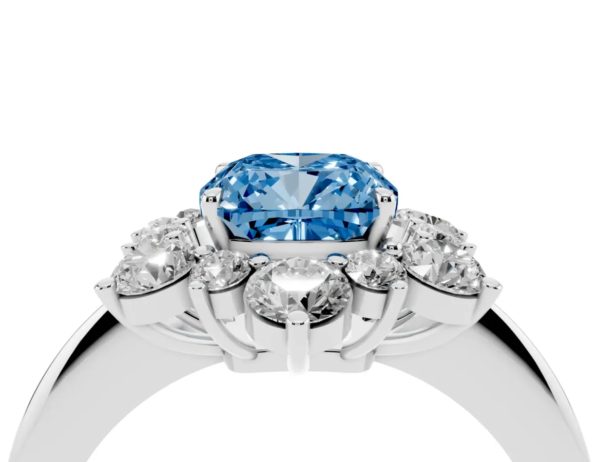 Fancy Blue Cushion Cut Diamond Cluster Halo Ring with Solitaire Band and Four-Prong Setting Silver