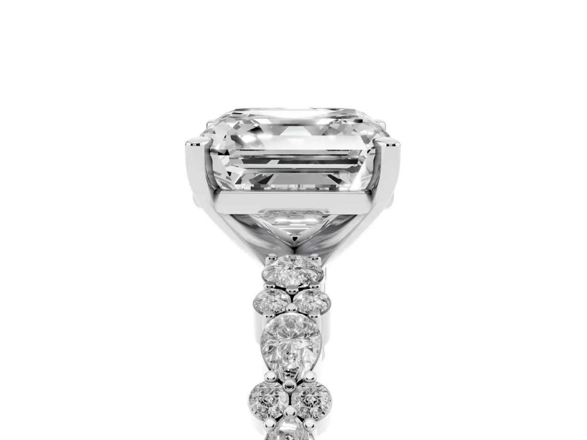 Asscher Cut Diamond Side Stone Solitaire Ring with Round and Four-Prong Setting Silver