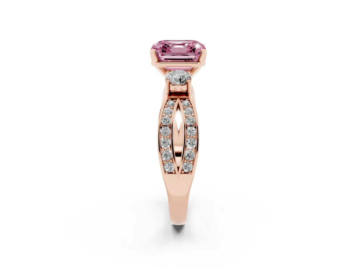 Fancy Pink Three-Stone Asscher Cut Cut Diamond Twist Band with Prong Setting Rose gold