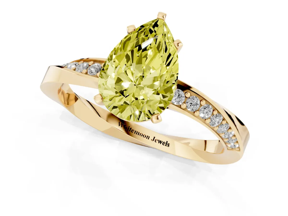 Fancy Yellow Pear Cut Diamond Engagement Ring with Side Stone Accents and Four-Prong Setting Yellow gold