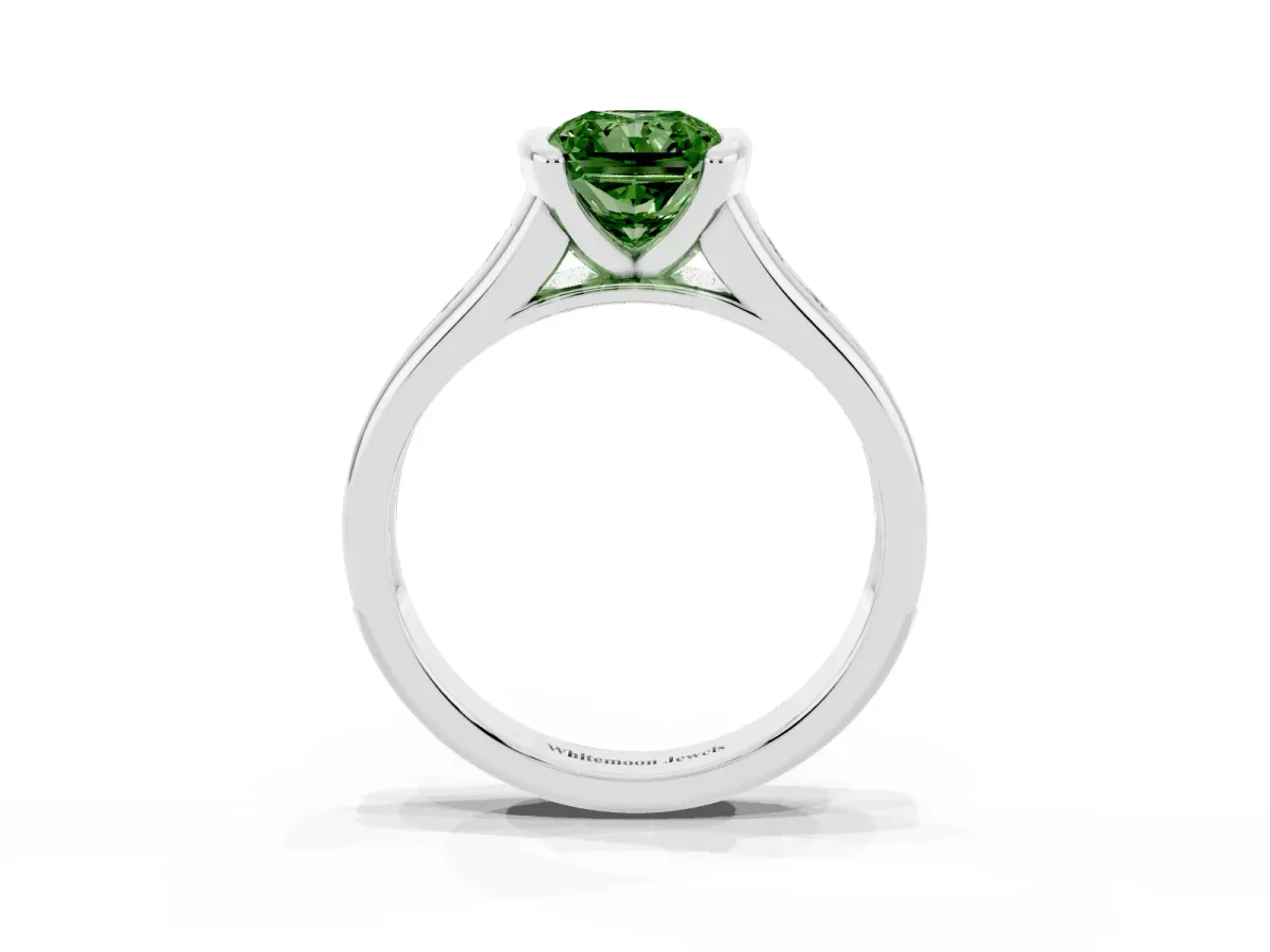 Fancy Green Radiant Cut Solitaire Bezel-Set Diamond Ring with Channel-Set Band Silver