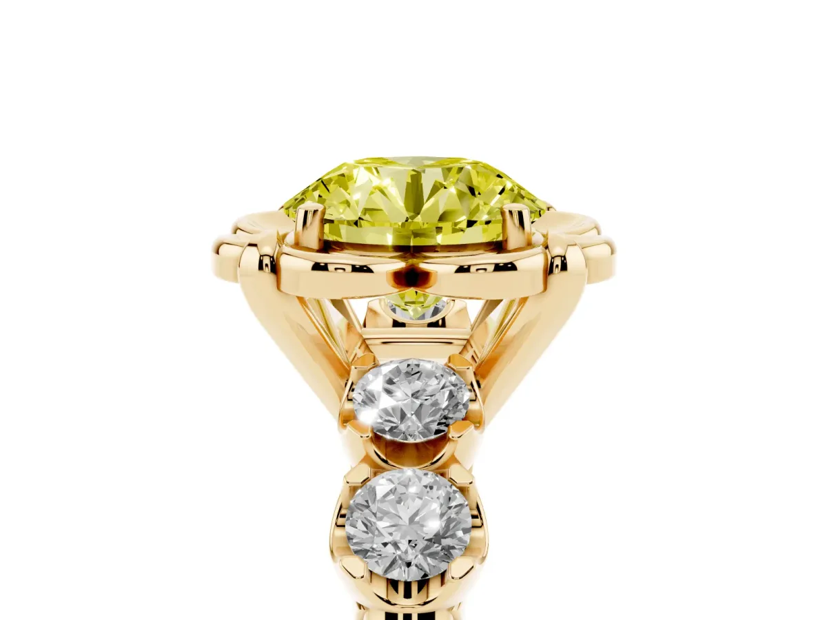 Fancy Yellow Round Cut Cut Diamond Floral Halo Engagement Ring with Shared Prong Setting Yellow gold