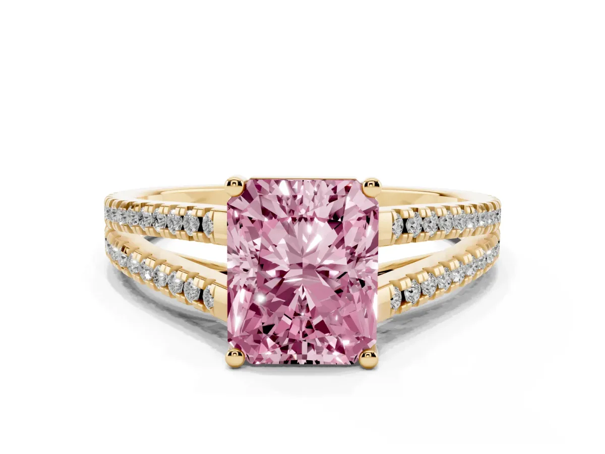 Fancy Pink Radiant Cut Diamond Solitaire Engagement Ring with Split Shank Pavé Band Yellow gold