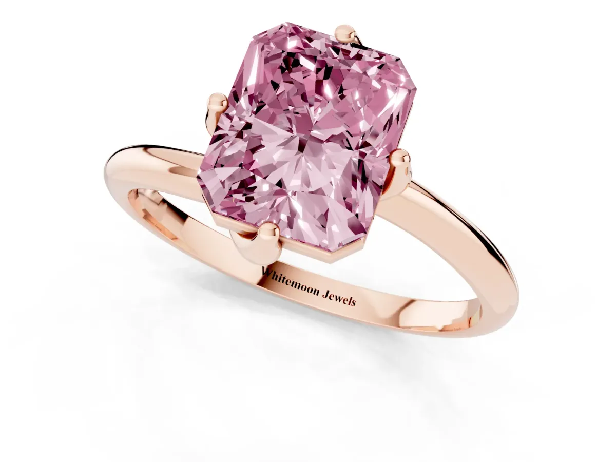 Fancy Pink Radiant Cut Diamond Solitaire Engagement Ring with Four-Prong Setting and Classic Band Rose gold