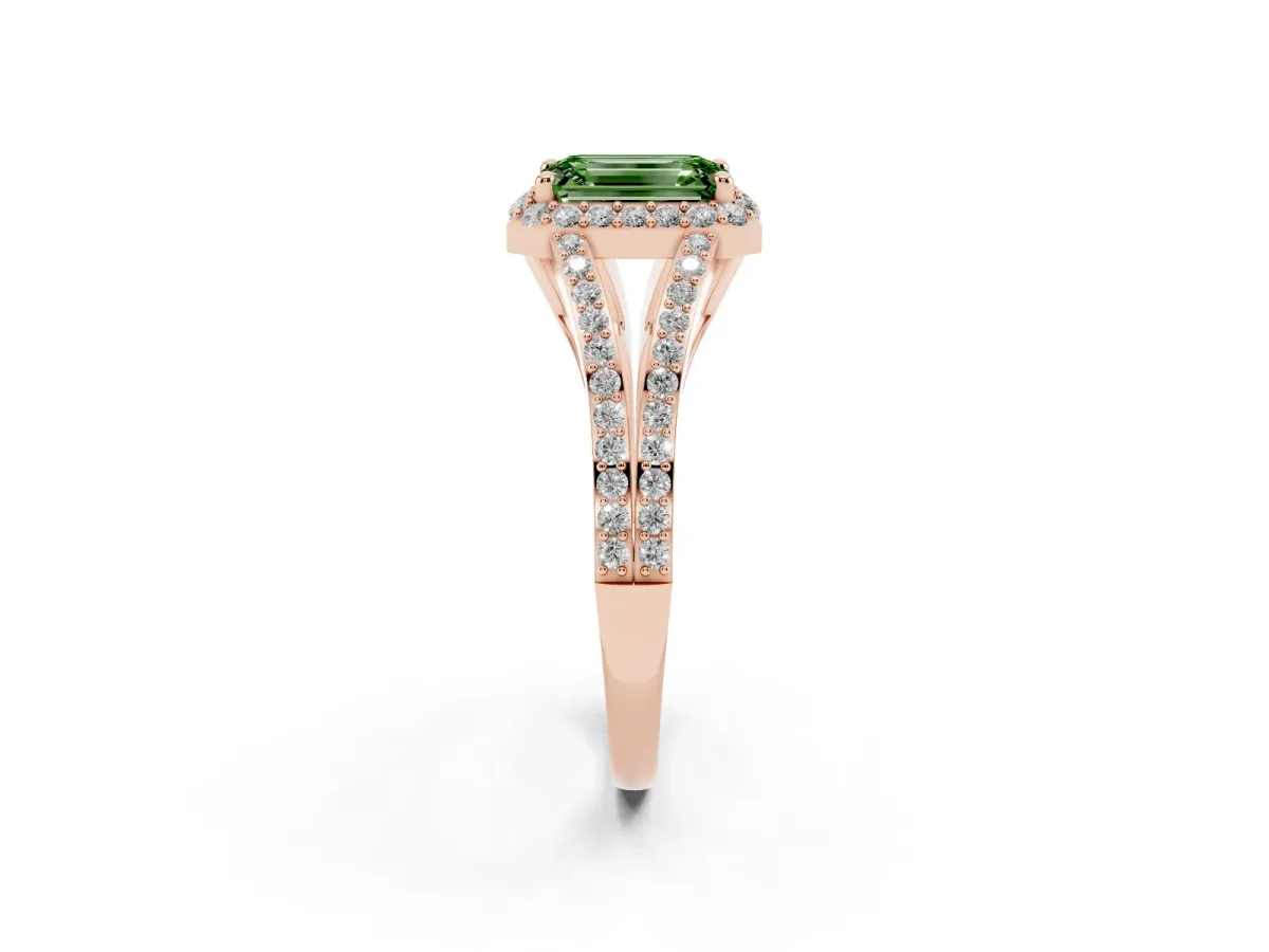 Fancy Green Emerald Cut Halo Split Shank Pave Diamond Ring with Four-Prong Setting Rose gold