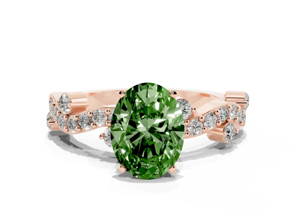 Fancy Green Oval Cut Cut Solitaire Diamond Twisted Band with Pave Setting Rose gold