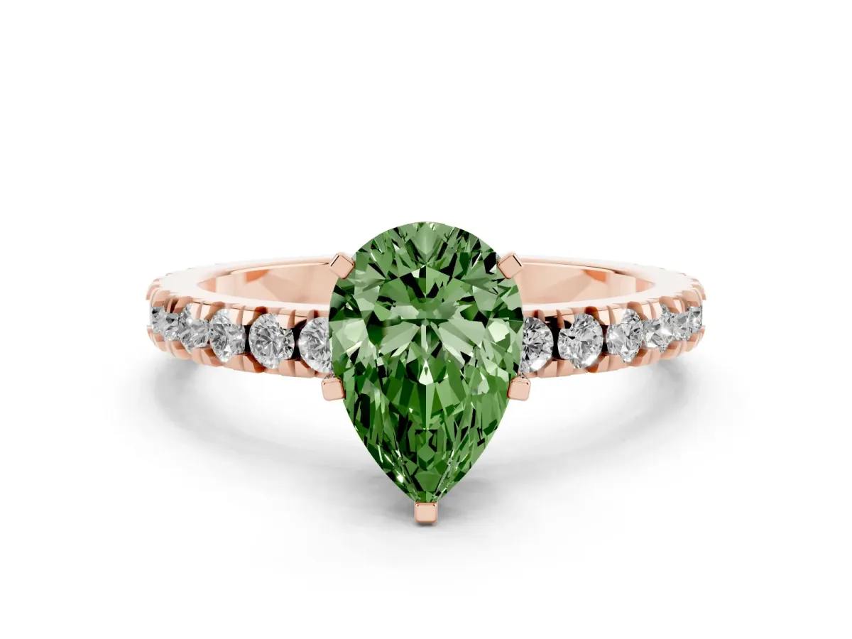 Fancy Green Pear Cut Diamond Pavé Band Solitaire with Four-Prong Setting Rose gold