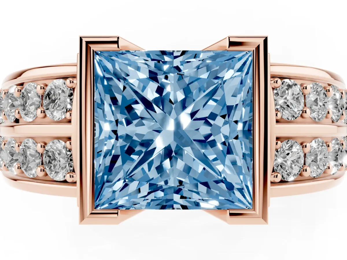 Fancy Blue Princess Cut Brilliant Diamond Channel Set Wide Band Ring with Bezel Setting Rose gold
